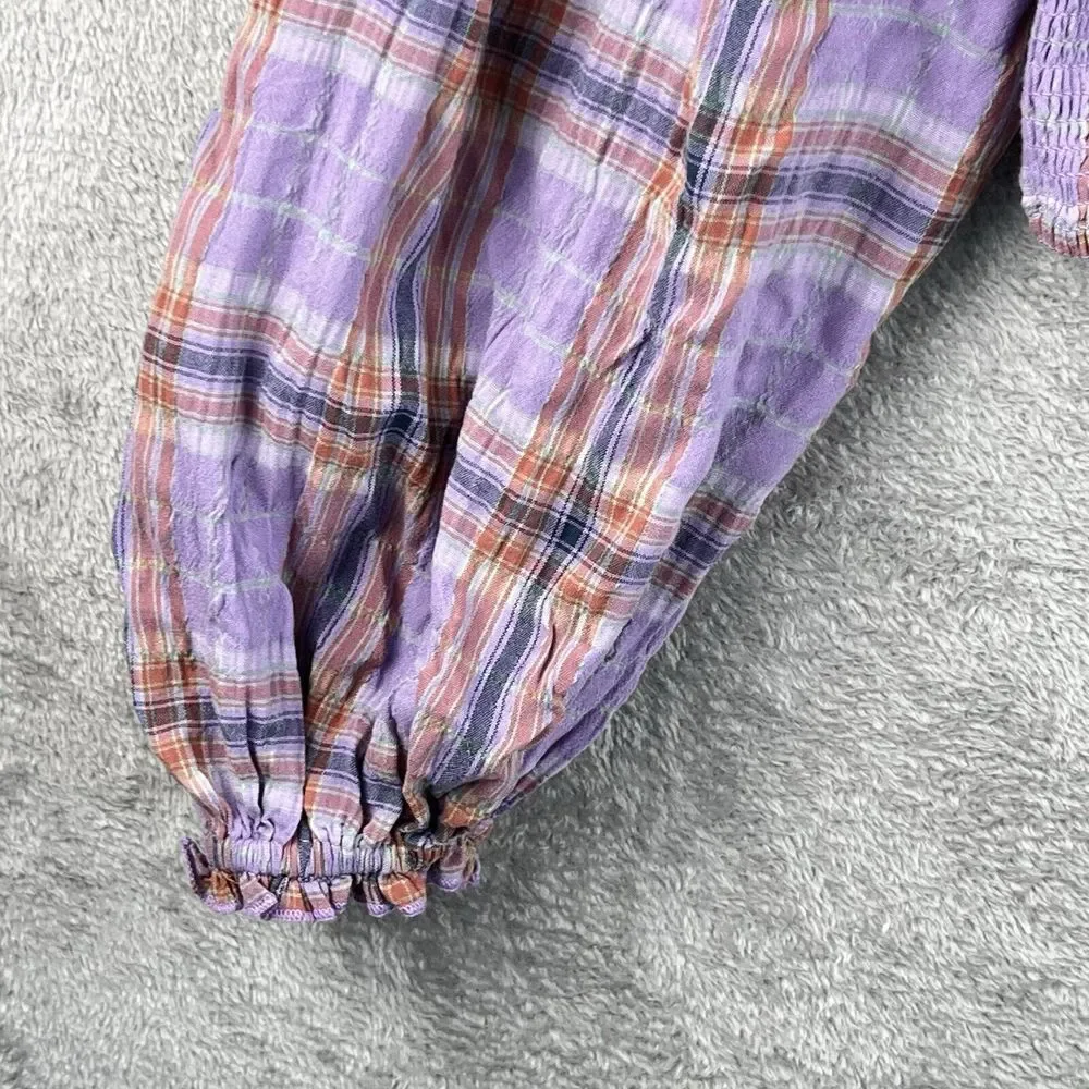 Free People Cherry Bomb Top Womens XL Purple Plaid Balloon Sleeves Ruched Boho - Picture 4 of 11